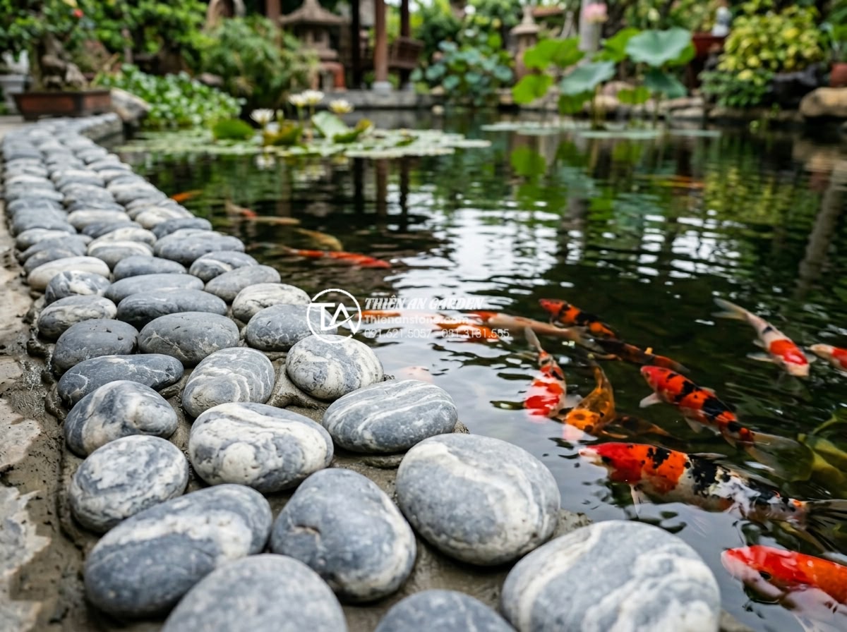 Đá cuội vân mây đỏ: Sắc màu độc bản nâng tầm đẳng cấp không gian - Close-up application of red cloud-veined pebbles in koi pond border with colorfu