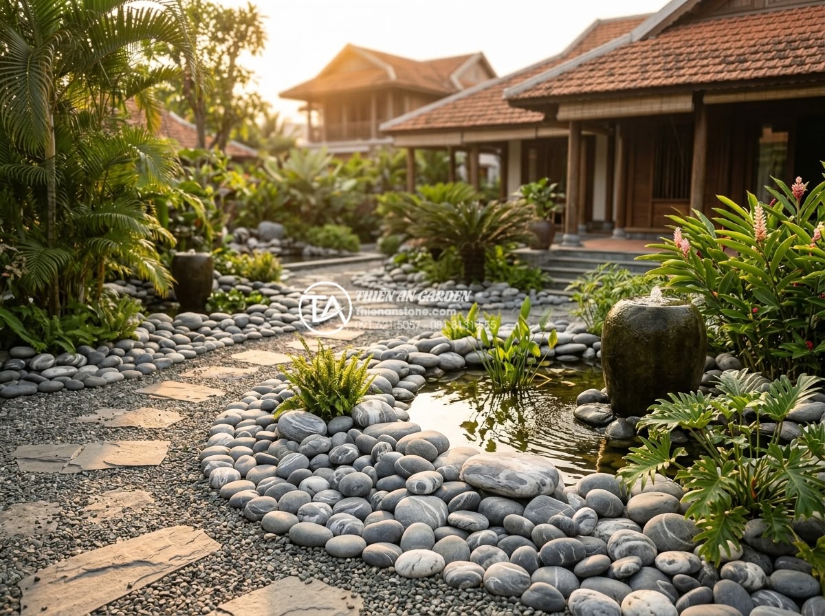 Đá cuội vân mây là gì? Đặc điểm và ứng dụng đỉnh cao trong cảnh quan - Beautiful modern Vietnamese villa garden featuring extensive use of cloud patter