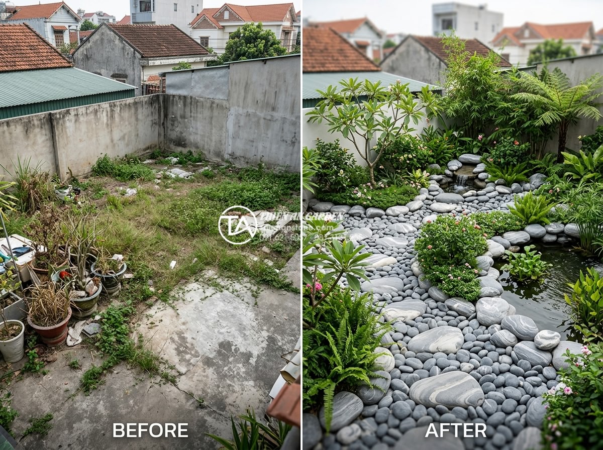 Đá cuội vân mây là gì? Đặc điểm và ứng dụng đỉnh cao trong cảnh quan - Before and after transformation of a plain backyard into a stunning garden using