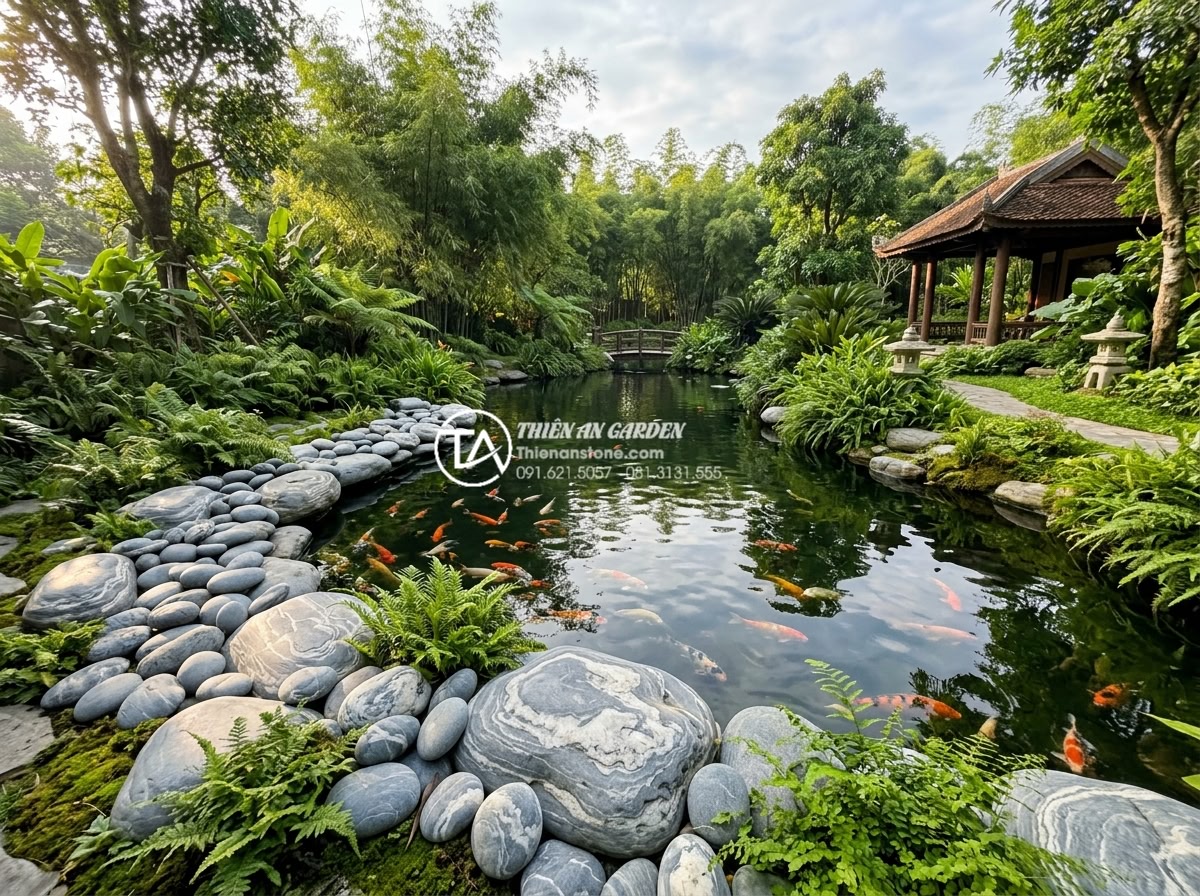 Đá cuội vân mây là gì? Đặc điểm và ứng dụng đỉnh cao trong cảnh quan - Wide-angle landscape view of natural cloud veined pebble stones arranged artisti