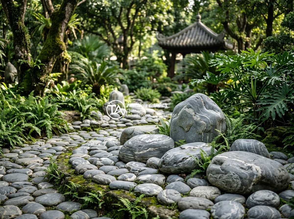 Đá cuội vân mây là gì? Đặc điểm và ứng dụng đỉnh cao trong cảnh quan - Long-term aged cloud veined pebble installation in established garden looking as