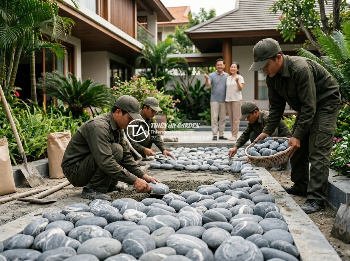 Đá cuội vân mây là gì? Đặc điểm và ứng dụng đỉnh cao trong cảnh quan - Professional team from Da Canh Thien An installing premium cloud patterned pebbl