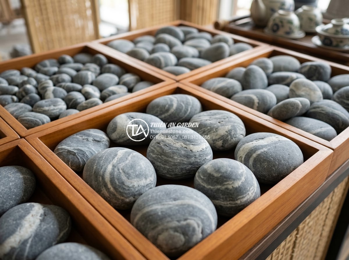 Đá cuội vân mây là gì? Đặc điểm và ứng dụng đỉnh cao trong cảnh quan - Close view of premium grade cloud veined pebbles of different sizes neatly arran