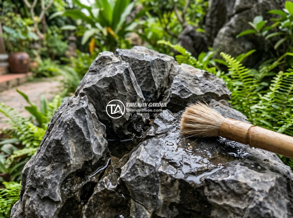 Đá tai mèo là gì? Nguồn gốc, đặc điểm và ứng dụng trong mỹ nghệ - Maintenance process of cleaning cat ear stones with soft brush and water in outd