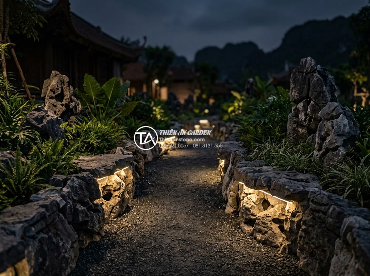 Đá tai mèo Ninh Bình: Đặc trưng riêng biệt và ứng dụng sân vườn - Hình 10 Đá tai mèo Ninh Bình: Đặc trưng riêng biệt và ứng dụng sân vườn - Nighttime illuminated view of Da Tai Meo Ninh Binh stones used in modern landsca