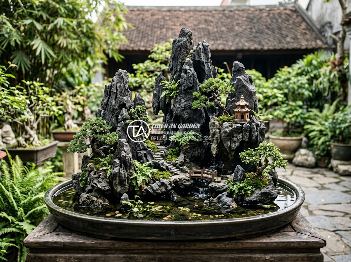 Đá tai mèo Ninh Bình: Đặc trưng riêng biệt và ứng dụng sân vườn - Hình 11 Đá tai mèo Ninh Bình: Đặc trưng riêng biệt và ứng dụng sân vườn - Traditional Vietnamese non-bo miniature landscape crafted with authentic Da Tai