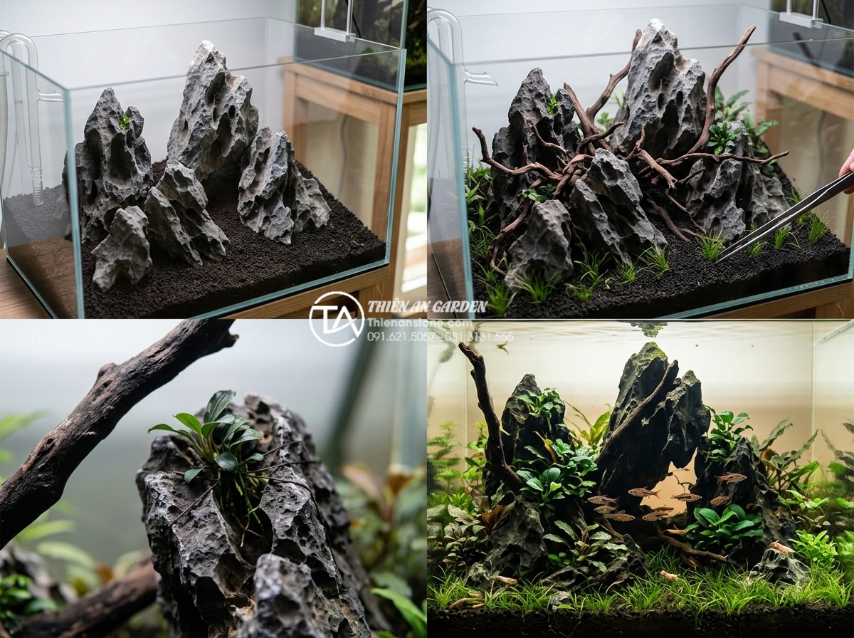 Đá tai mèo Ninh Bình: Đặc trưng riêng biệt và ứng dụng sân vườn - Hình 14 Đá tai mèo Ninh Bình: Đặc trưng riêng biệt và ứng dụng sân vườn - Step-by-step aquascape setup with Da Tai Meo Ninh Binh stones in a freshwater aq