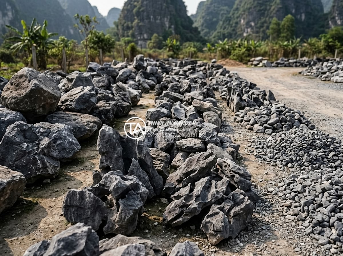 Đá tai mèo Ninh Bình: Đặc trưng riêng biệt và ứng dụng sân vườn - Hình 2 Đá tai mèo Ninh Bình: Đặc trưng riêng biệt và ứng dụng sân vườn - Wide angle view of various sizes of Da Tai Meo Ninh Binh stones neatly categoriz
