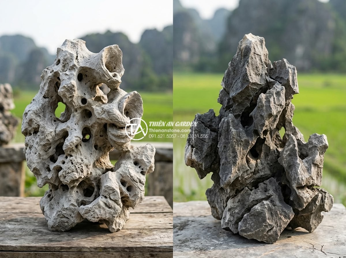 Đá tai mèo Ninh Bình: Đặc trưng riêng biệt và ứng dụng sân vườn - Hình 5 Đá tai mèo Ninh Bình: Đặc trưng riêng biệt và ứng dụng sân vườn - Side-by-side comparison image of Da Tai Meo Ninh Binh stone versus other landsca