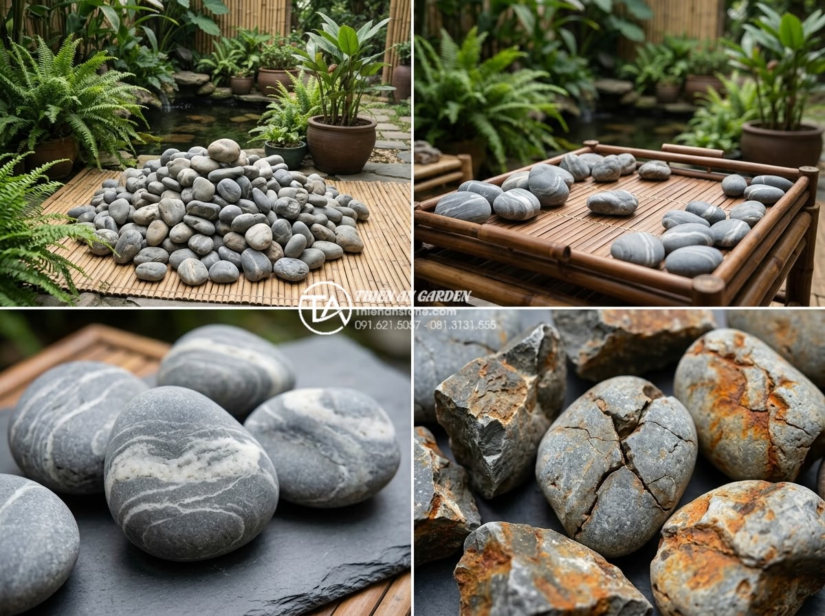 Địa chỉ bán đá cuội vân mây TPHCM giá rẻ cho sân vườn biệt thự - Step-by-step guide visual of inspecting quality cloud vein pebbles including clo