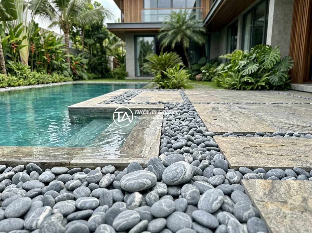 Địa chỉ bán đá cuội vân mây TPHCM giá rẻ cho sân vườn biệt thự - Completed professional landscaping project with installed cloud vein pebbles aro