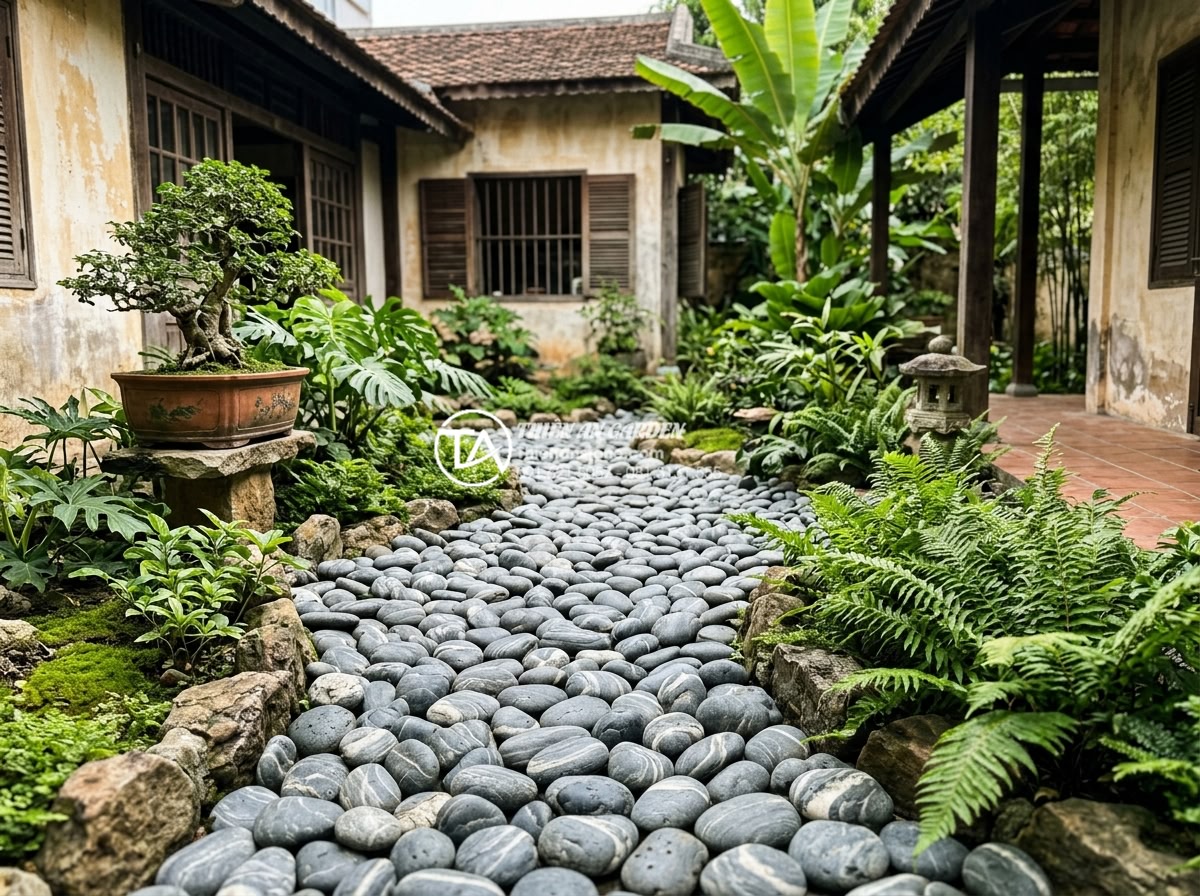 Địa chỉ bán đá cuội vân mây TPHCM giá rẻ cho sân vườn biệt thự - Long-term aged but well-maintained cloud vein pebble garden in a TPHCM villa sho