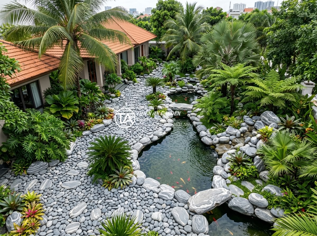 Địa chỉ bán đá cuội vân mây TPHCM giá rẻ cho sân vườn biệt thự - Aerial drone shot of a complete villa garden in Ho Chi Minh City transformed wit