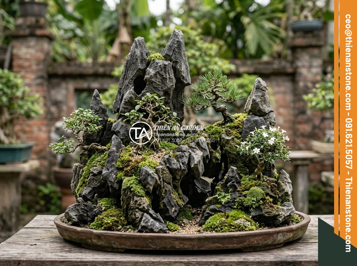 Địa chỉ bán đá tai mèo Hà Giang và Ninh Bình chất lượng nhất - Creative bonsai display using cat ear stones as base with miniature trees and mo