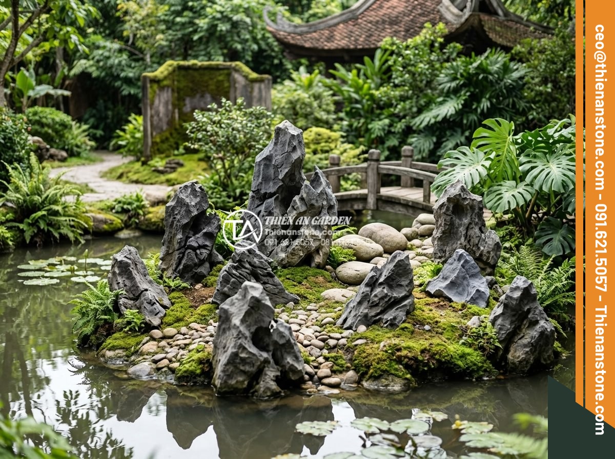 Địa chỉ bán đá tai mèo Hà Giang và Ninh Bình chất lượng nhất - Serene garden landscape with cat ear stones arranged according to feng shui prin