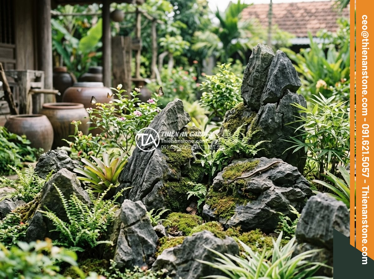 Địa chỉ bán đá tai mèo Hà Giang và Ninh Bình chất lượng nhất - Eco-friendly garden setup using sustainable cat ear stones with natural moss and