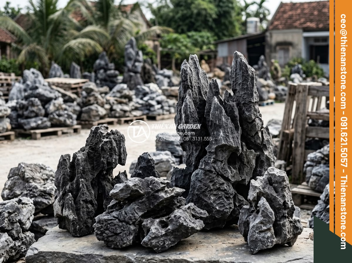 Địa chỉ bán đá tai mèo Hà Giang và Ninh Bình chất lượng nhất - Customer selecting premium cat ear stones at a professional stone yard with expe