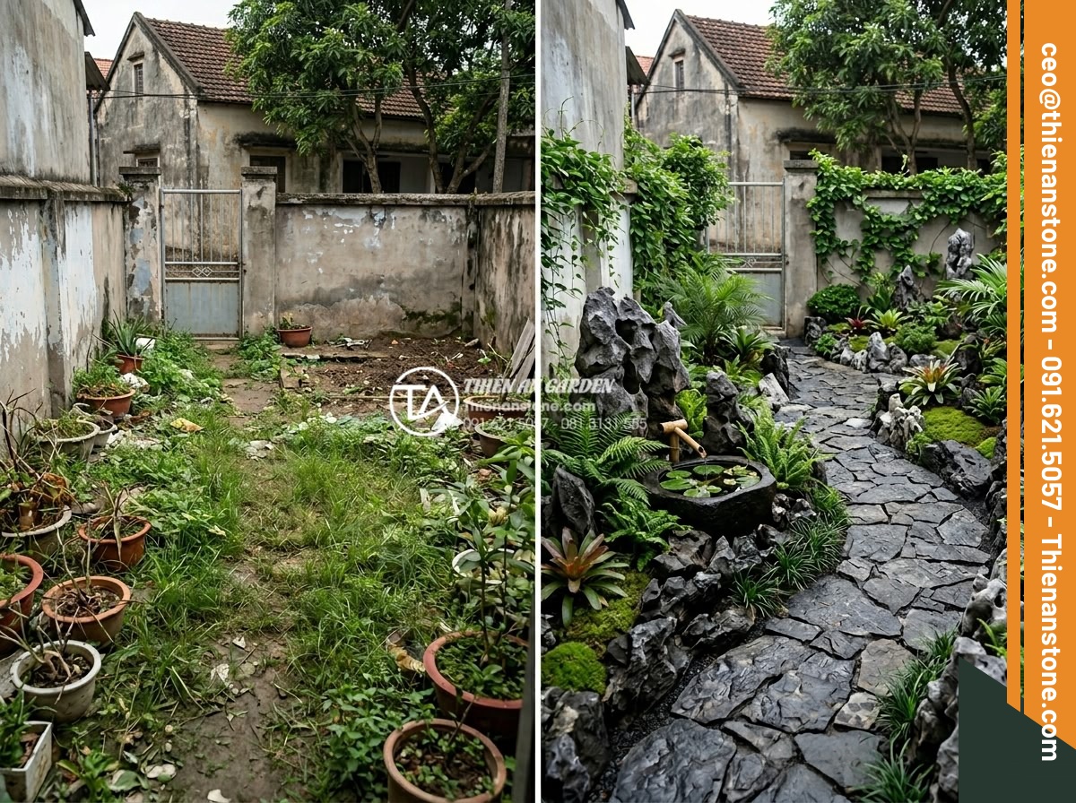 Địa chỉ bán đá tai mèo Hà Giang và Ninh Bình chất lượng nhất - Before and after photos of garden transformation using cat ear stones from Thien