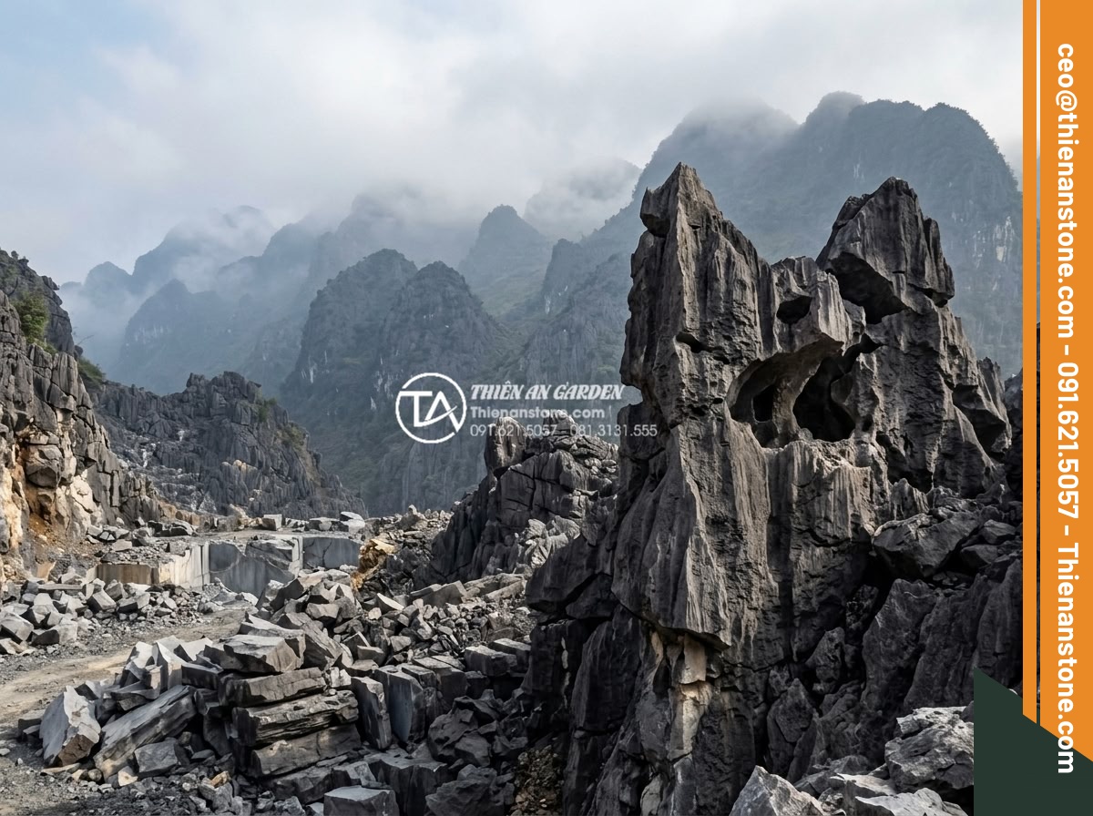 Địa chỉ bán đá tai mèo Hà Giang và Ninh Bình chất lượng nhất - Panoramic landscape of Ha Giang cat ear stones in their natural highland quarry 