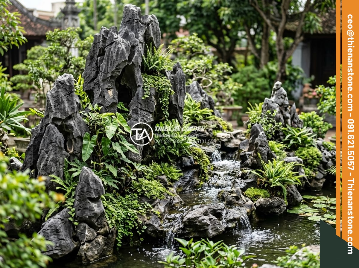Địa chỉ bán đá tai mèo Hà Giang và Ninh Bình chất lượng nhất - Professional photo of Ha Giang cat ear stones arranged in garden rockery design 