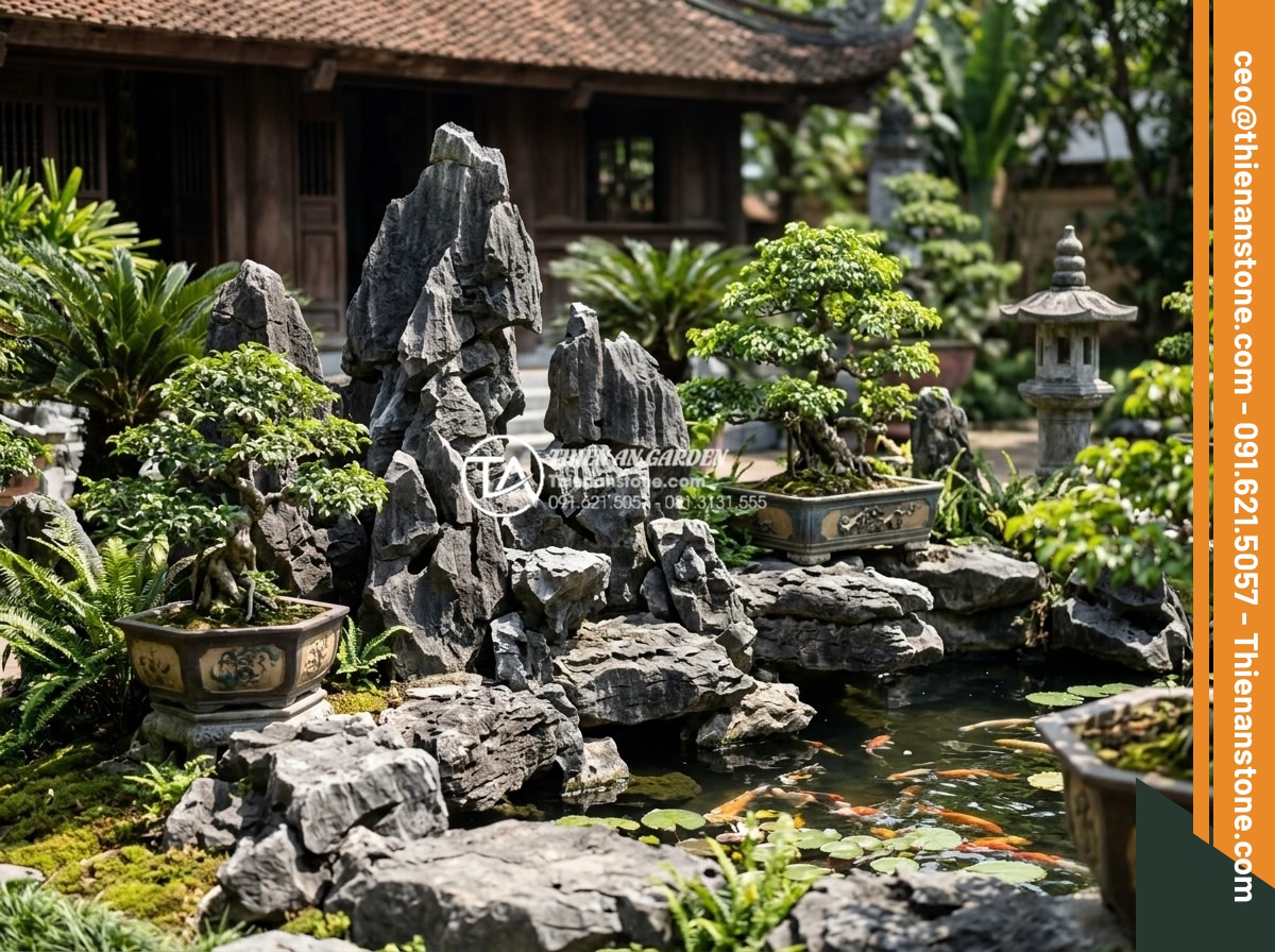Địa chỉ bán đá tai mèo Hà Giang và Ninh Bình chất lượng nhất - Elegant arrangement of Ninh Binh cat ear stones in a traditional Vietnamese gard