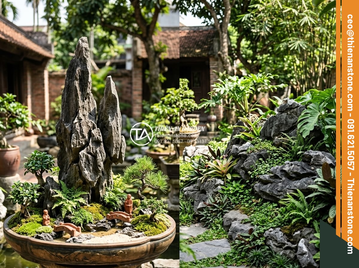 Địa chỉ bán đá tai mèo Hà Giang và Ninh Bình chất lượng nhất - Comparative display of both types of cat ear stones used in different garden des