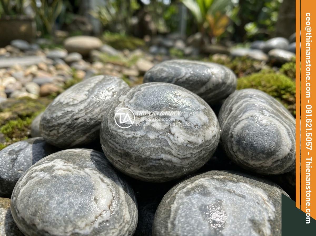 FAQ: Đá cuội vân mây có bền không? 10 câu hỏi thường gặp nhất - High-resolution close-up photograph of natural cloud-veined pebble stones showin