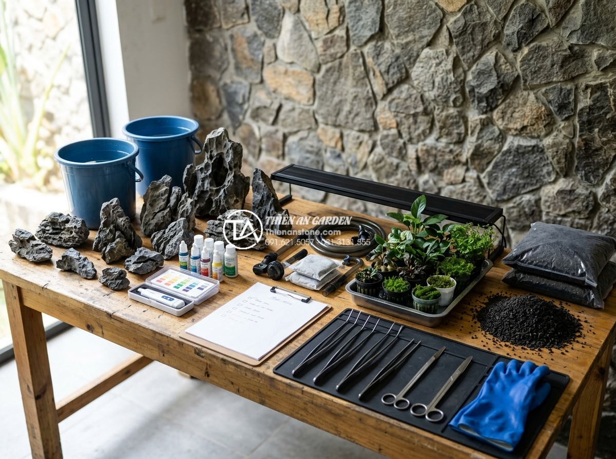 Hướng dẫn setup bể đá tai mèo thủy sinh chi tiết từ A-Z - Wide-angle professional shot of a complete aquascaping workspace setup with all 
