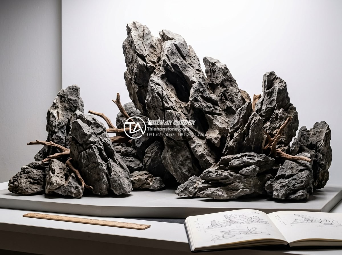 Hướng dẫn setup bể đá tai mèo thủy sinh chi tiết từ A-Z - Artistic professional rendering of an advanced aquascape hardscape design using 