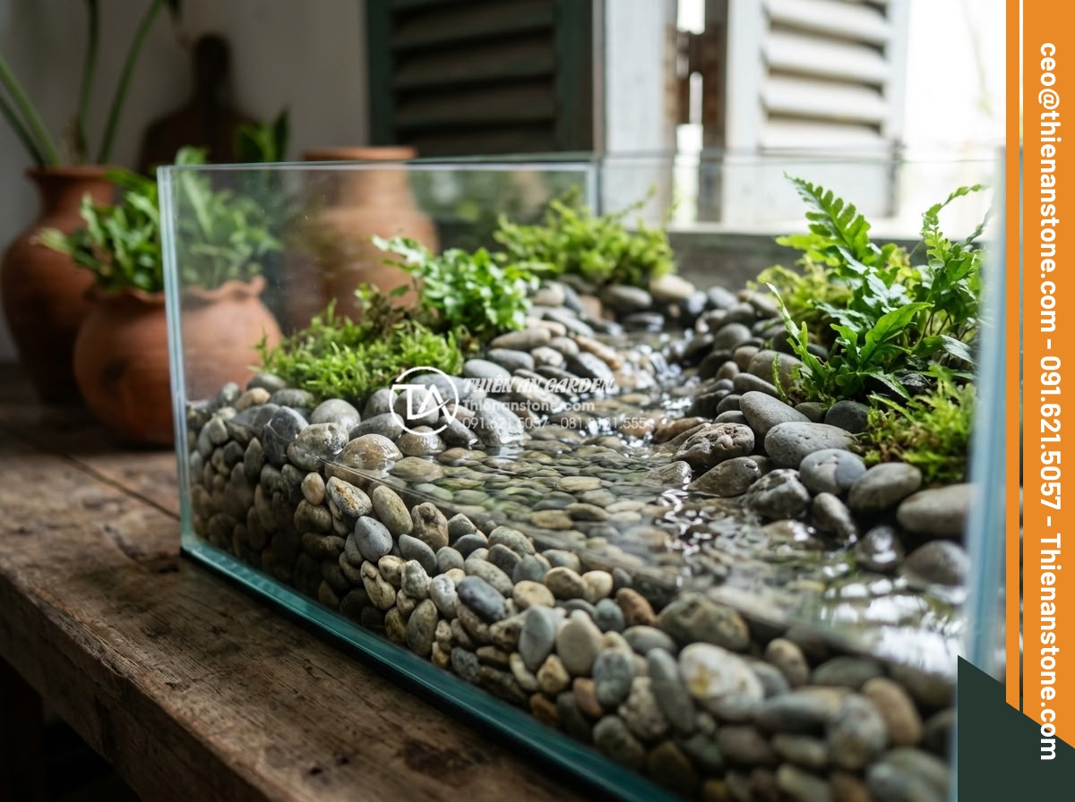 Hướng dẫn tự làm suối đá cuội mini trong bình thủy sinh cho người mới - A realistic close-up photograph of a mini pebble stone stream inside a clear gla