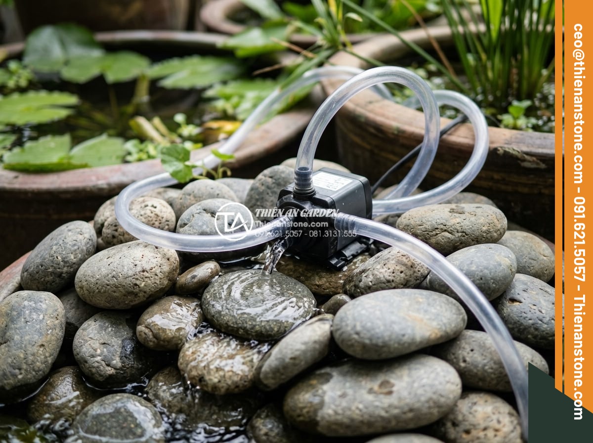 Hướng dẫn tự làm suối đá cuội mini trong bình thủy sinh cho người mới - Technical close-up of water pump and tubing setup creating gentle natural flow t
