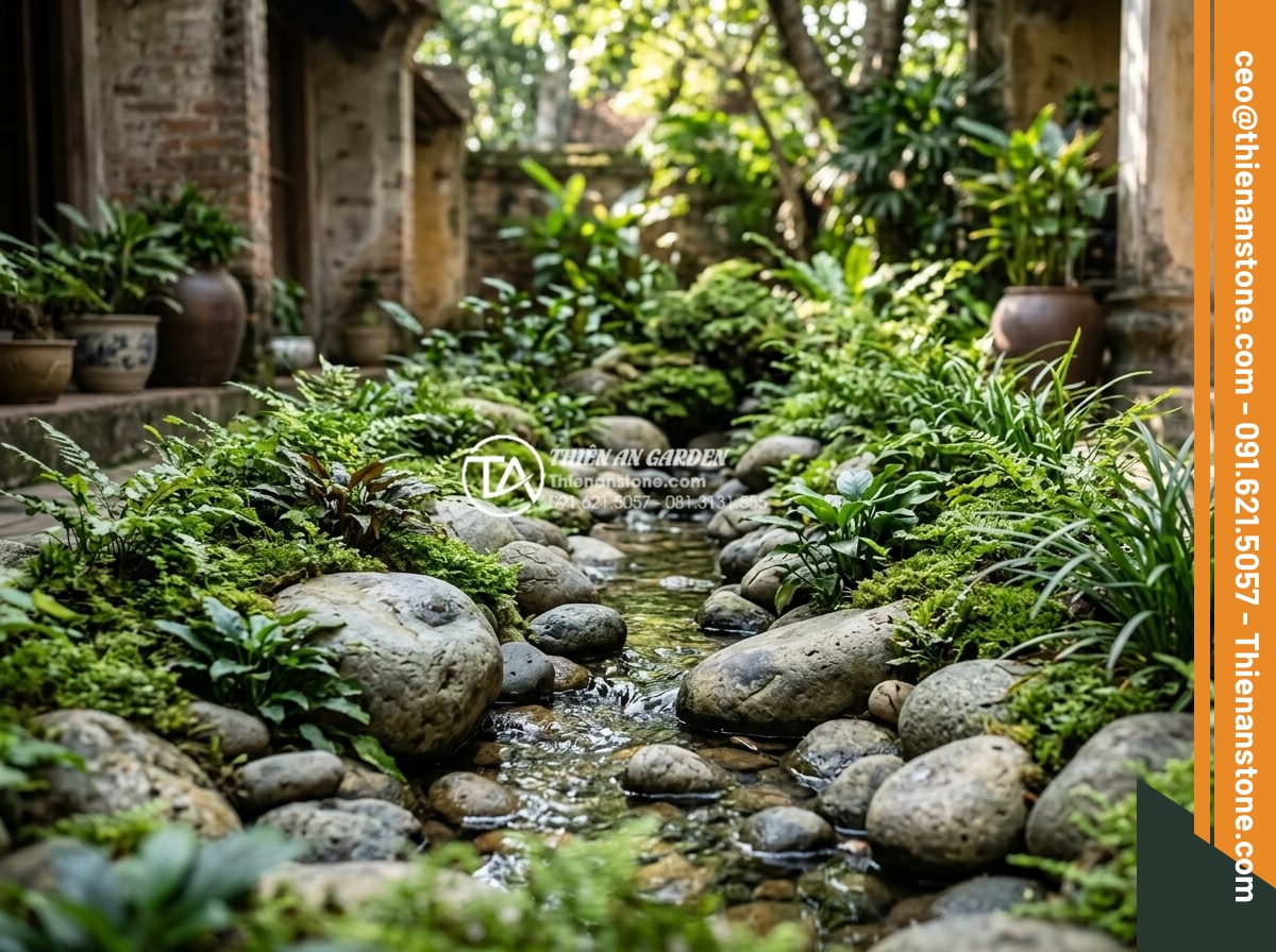 Hướng dẫn tự làm suối đá cuội mini trong bình thủy sinh cho người mới - Long-term care illustration of a well-maintained mini aquatic pebble stream thri