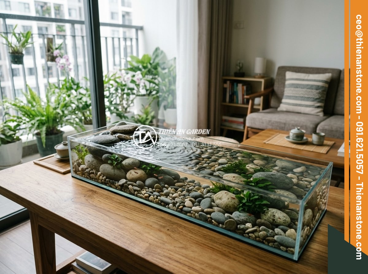 Hướng dẫn tự làm suối đá cuội mini trong bình thủy sinh cho người mới - Panoramic view of a beginner-friendly mini pebble stream aquarium setup on a woo