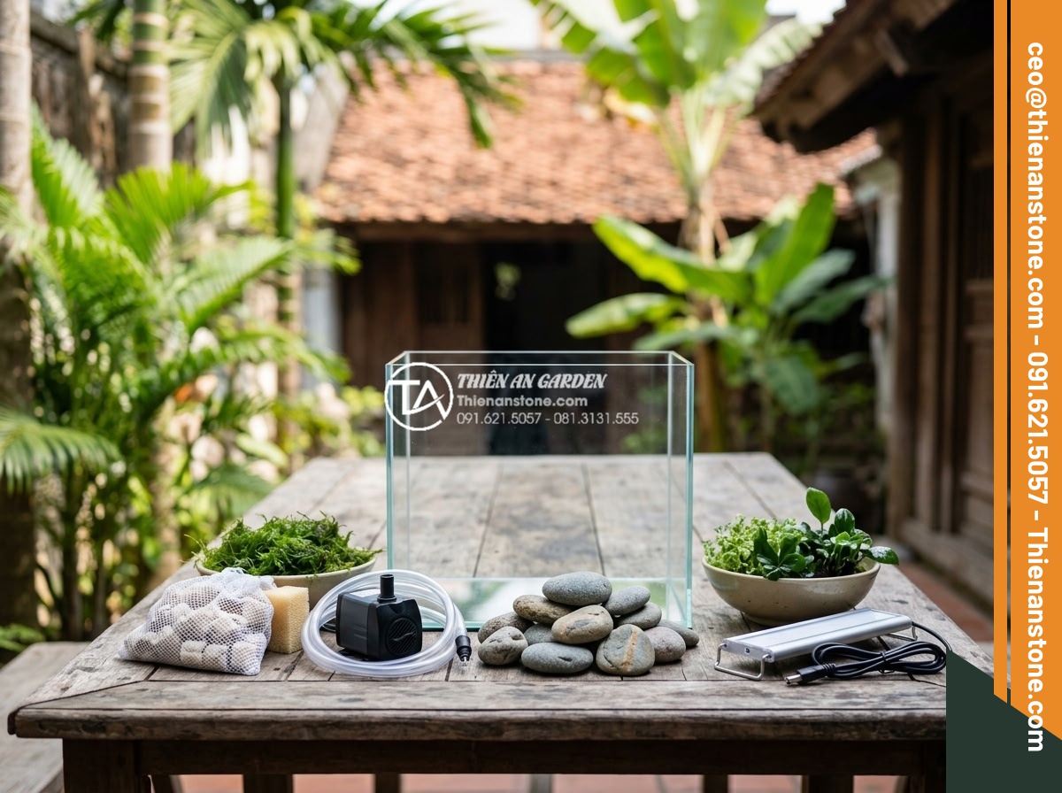 Hướng dẫn tự làm suối đá cuội mini trong bình thủy sinh cho người mới - High-resolution photo of all necessary materials laid out on a table for buildin