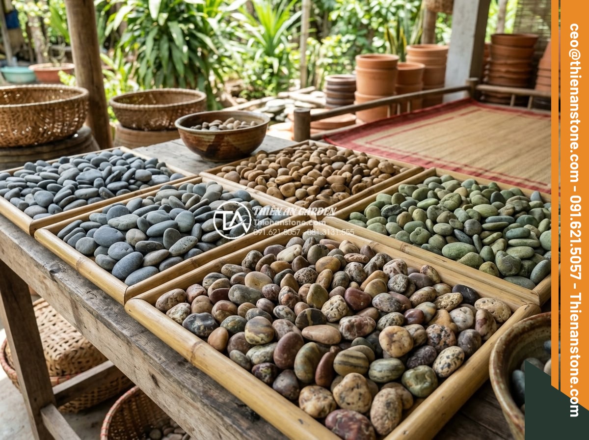Hướng dẫn tự làm suối đá cuội mini trong bình thủy sinh cho người mới - Variety of small natural pebbles displayed in different color palettes ideal for