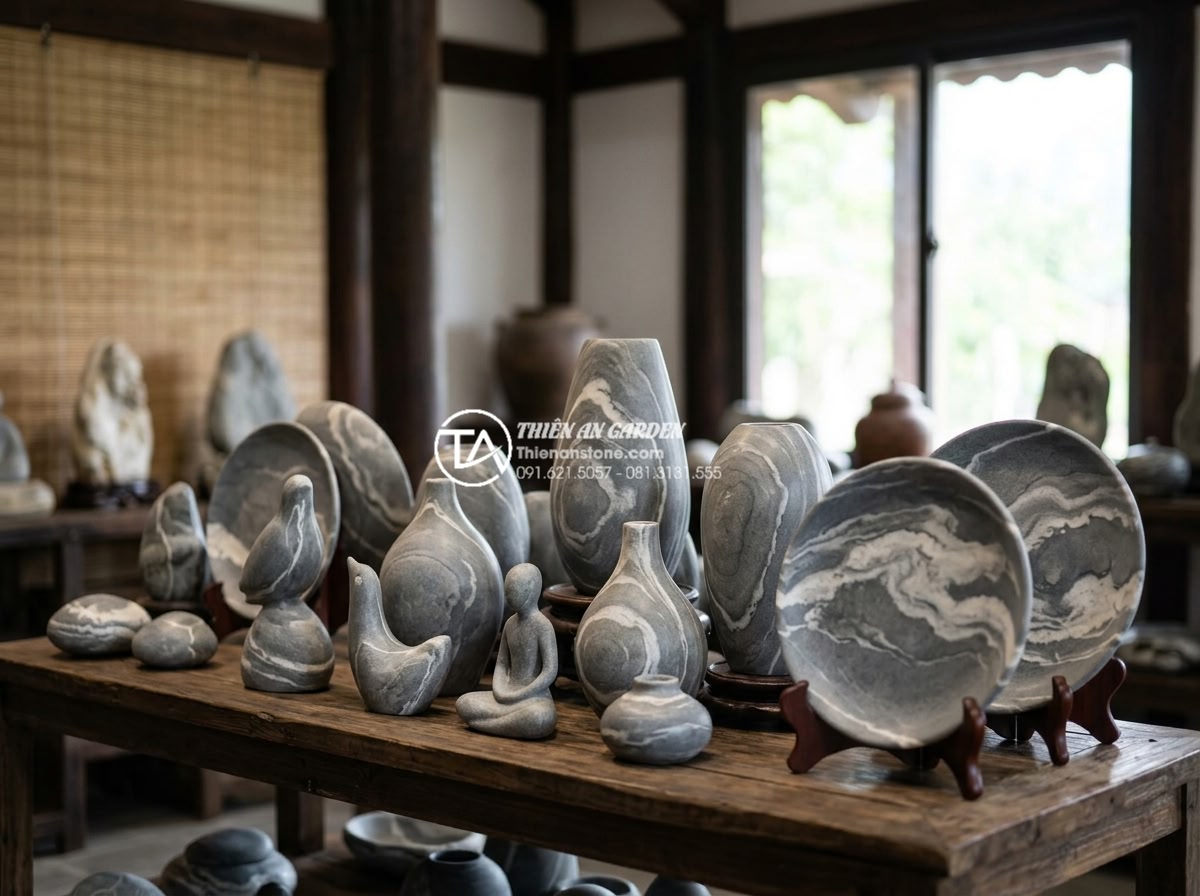 Khám phá vẻ đẹp đá cuội vân mây Lào Cai: Thủ phủ của những khối đá thượng phẩm - Collection of premium Vietnamese stone art products made from Lào Cai pebbles in
