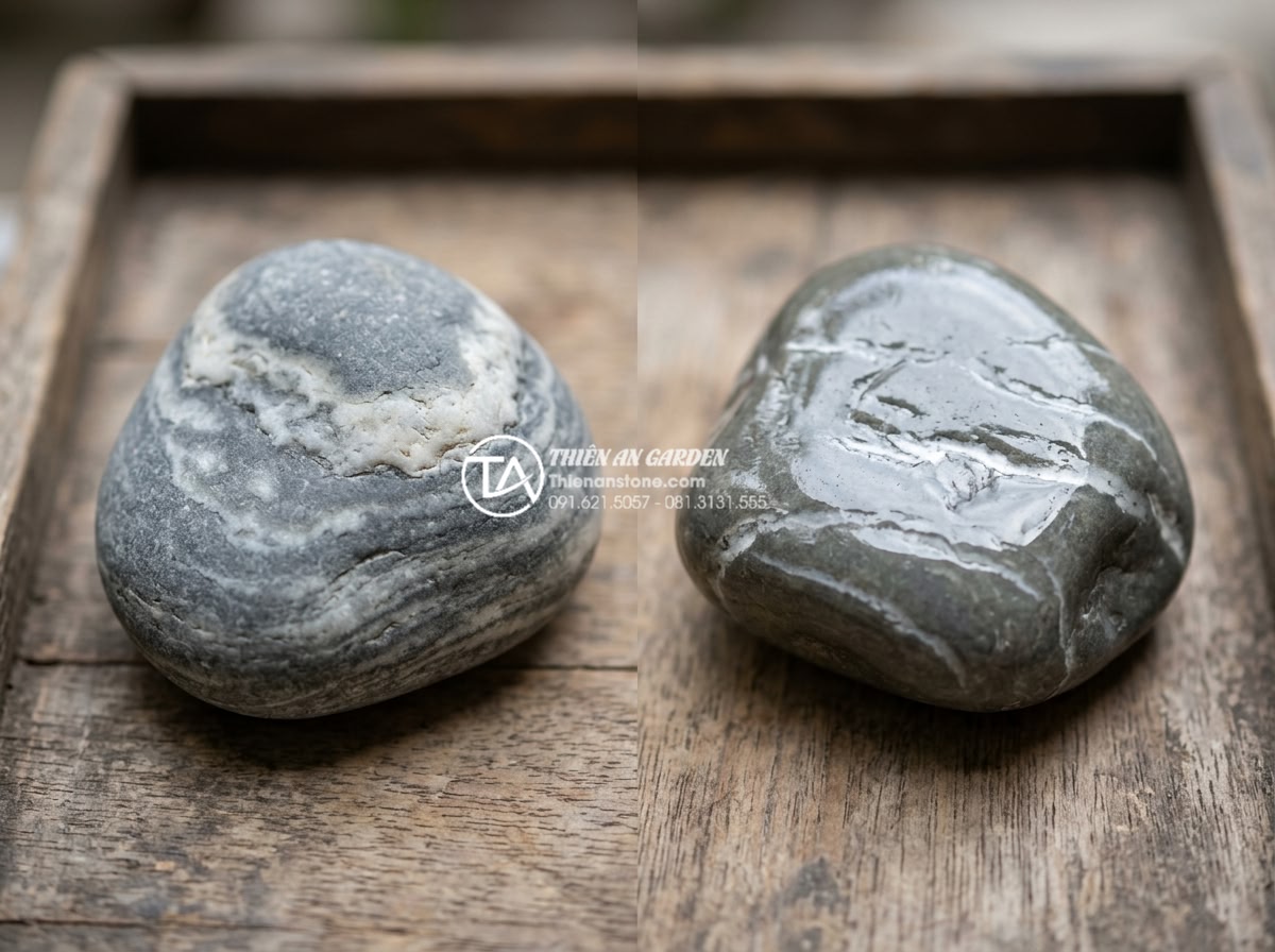 Khám phá vẻ đẹp đá cuội vân mây Lào Cai: Thủ phủ của những khối đá thượng phẩm - Side-by-side comparison photo of genuine Lào Cai cloud veined pebble versus fake
