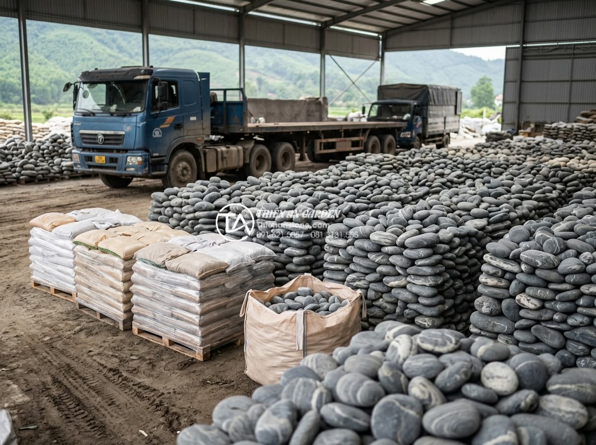 Khám phá vẻ đẹp đá cuội vân mây Lào Cai: Thủ phủ của những khối đá thượng phẩm - Professional stone supplier warehouse in Northern Vietnam filled with sorted Lào