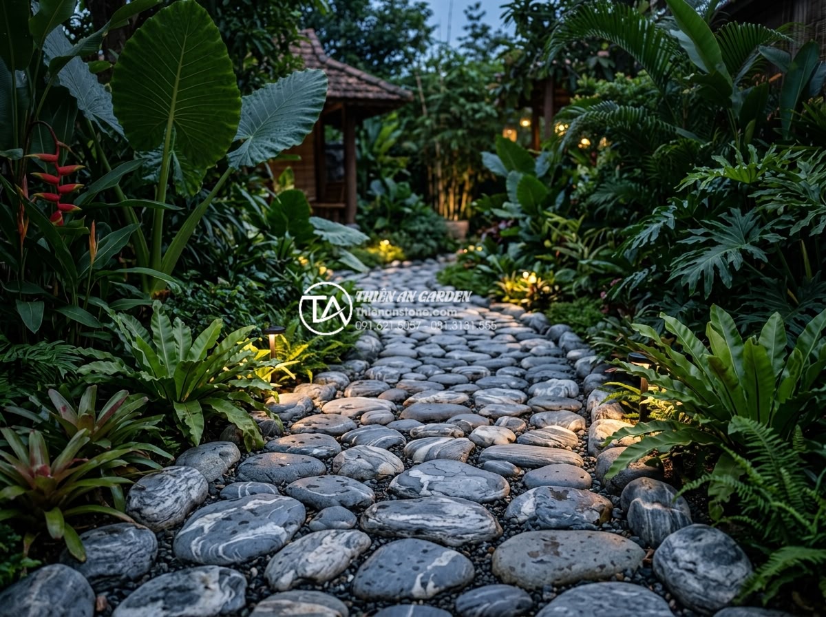 Khám phá vẻ đẹp đá cuội vân mây Lào Cai: Thủ phủ của những khối đá thượng phẩm - Modern garden pathway made from mixed sizes of Lào Cai pebble stones with cloud 