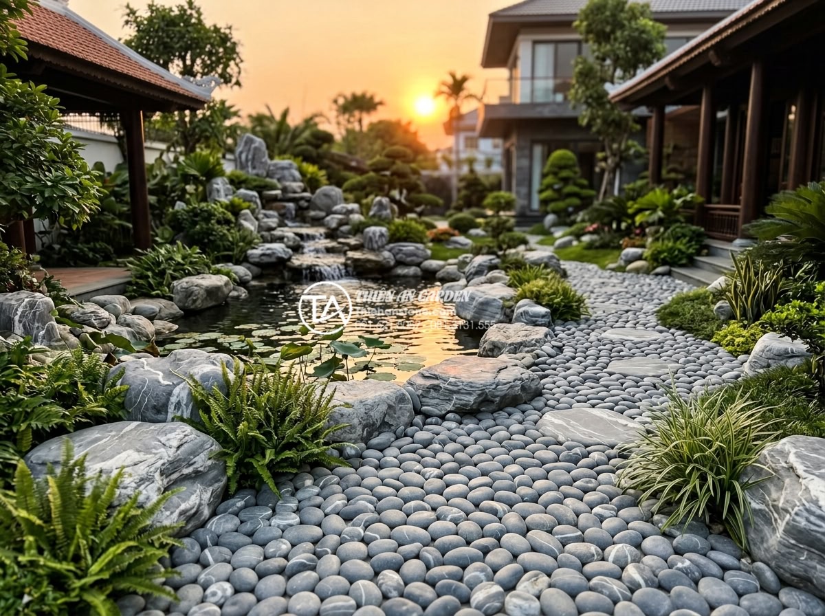 Kho đá cuội vân mây Đà Nẵng: Tổng kho cung cấp và thi công trọn gói - Hình 10 Kho đá cuội vân mây Đà Nẵng: Tổng kho cung cấp và thi công trọn gói - Completed luxury villa garden with fully installed cloud vein pebble stone featu