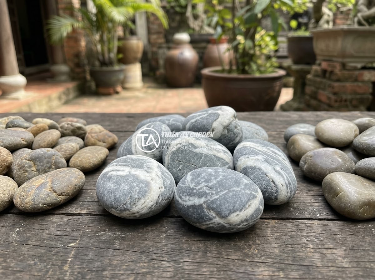 Kho đá cuội vân mây Đà Nẵng: Tổng kho cung cấp và thi công trọn gói - Hình 13 Kho đá cuội vân mây Đà Nẵng: Tổng kho cung cấp và thi công trọn gói - Side by side comparison photo of Da Nang cloud vein pebbles versus ordinary rive