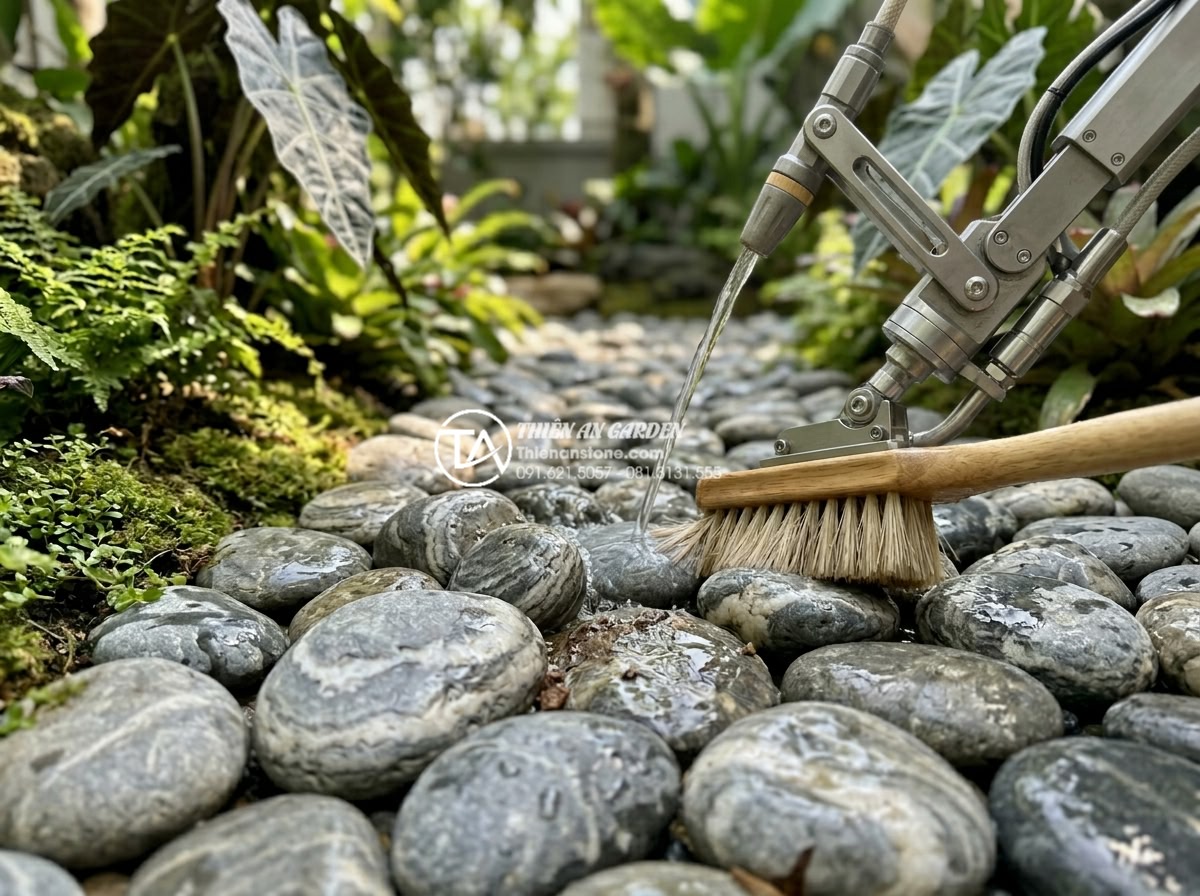 Kho đá cuội vân mây Đà Nẵng: Tổng kho cung cấp và thi công trọn gói - Hình 15 Kho đá cuội vân mây Đà Nẵng: Tổng kho cung cấp và thi công trọn gói - Maintenance process demonstration showing gentle cleaning of installed Da Nang p