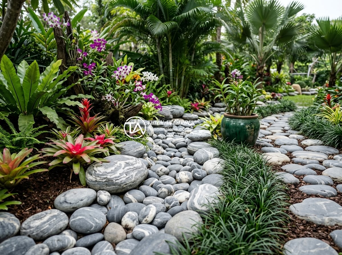 Kho đá cuội vân mây Đà Nẵng: Tổng kho cung cấp và thi công trọn gói - Hình 16 Kho đá cuội vân mây Đà Nẵng: Tổng kho cung cấp và thi công trọn gói - Long-term maintained luxury garden with pristine cloud vein pebble features afte