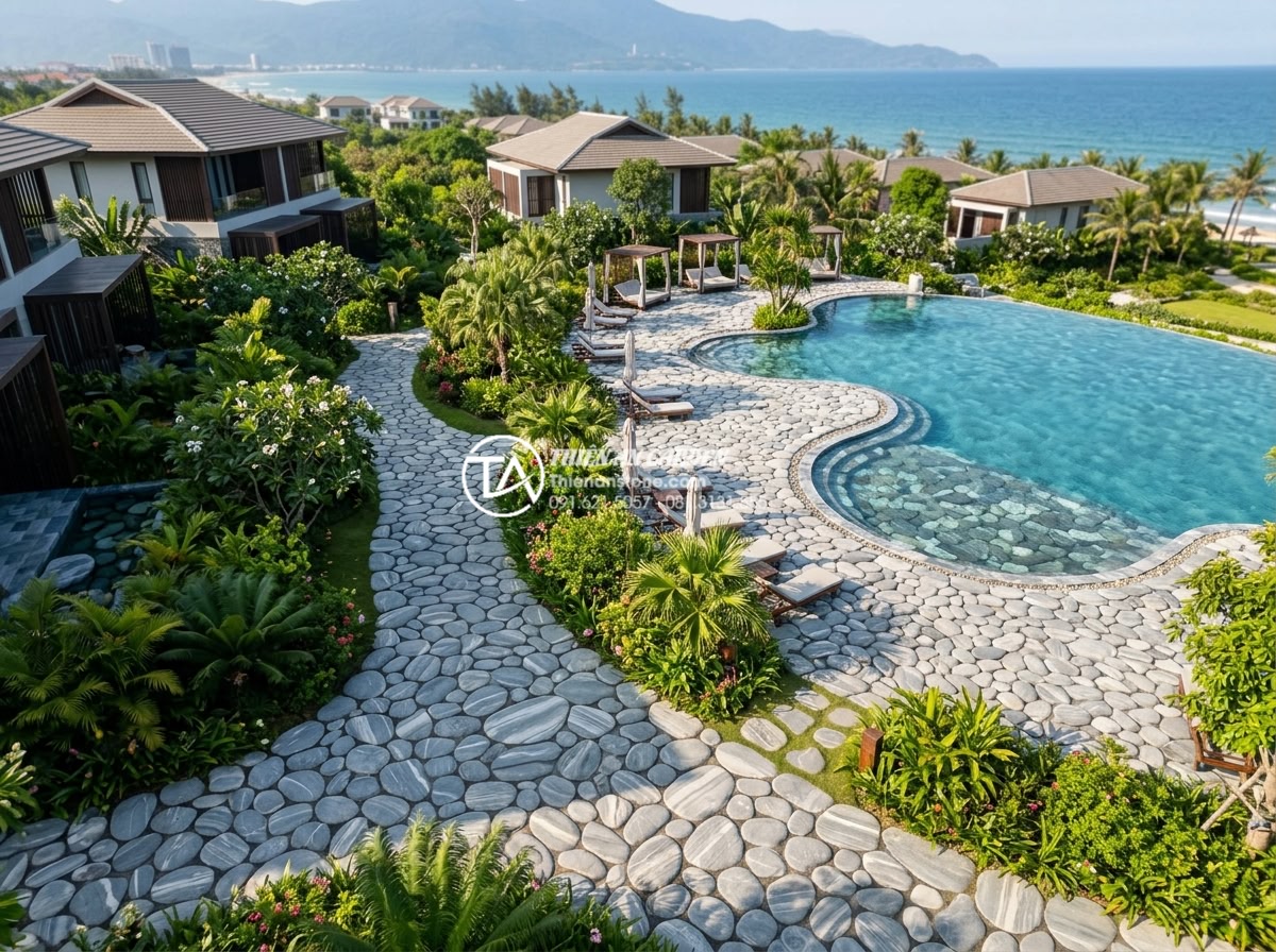 Kho đá cuội vân mây Đà Nẵng: Tổng kho cung cấp và thi công trọn gói - Hình 17 Kho đá cuội vân mây Đà Nẵng: Tổng kho cung cấp và thi công trọn gói - Real completed luxury resort project in Da Nang featuring extensive use of cloud