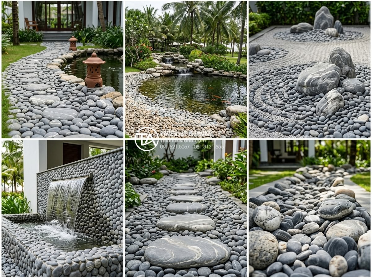 Kho đá cuội vân mây Đà Nẵng: Tổng kho cung cấp và thi công trọn gói - Hình 18 Kho đá cuội vân mây Đà Nẵng: Tổng kho cung cấp và thi công trọn gói - Multiple project showcase collage of various Da Nang pebble stone landscape inst