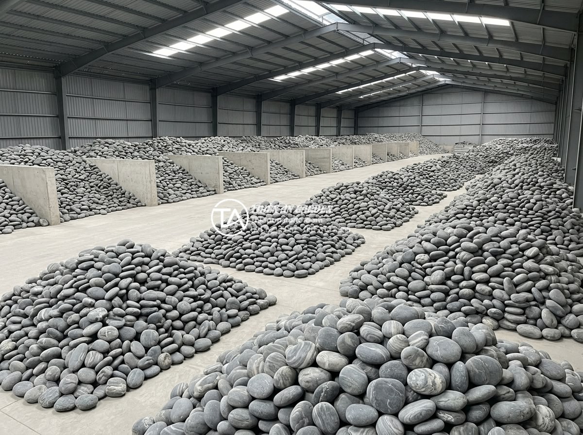 Kho đá cuội vân mây Đà Nẵng: Tổng kho cung cấp và thi công trọn gói - Hình 2 Kho đá cuội vân mây Đà Nẵng: Tổng kho cung cấp và thi công trọn gói - Wide angle view of a large warehouse storage facility filled with sorted piles o