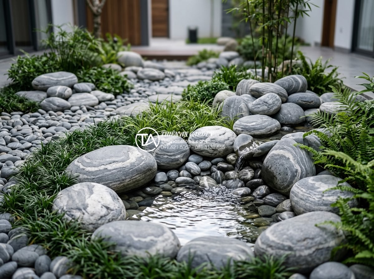 Kho đá cuội vân mây Đà Nẵng: Tổng kho cung cấp và thi công trọn gói - Hình 4 Kho đá cuội vân mây Đà Nẵng: Tổng kho cung cấp và thi công trọn gói - Artistic composition of Da Nang cloud vein pebbles arranged in modern landscape