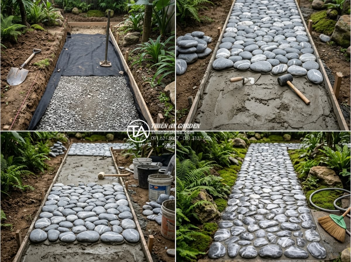 Kho đá cuội vân mây Đà Nẵng: Tổng kho cung cấp và thi công trọn gói - Hình 9 Kho đá cuội vân mây Đà Nẵng: Tổng kho cung cấp và thi công trọn gói - Step-by-step construction process photos collage of workers installing Da Nang p