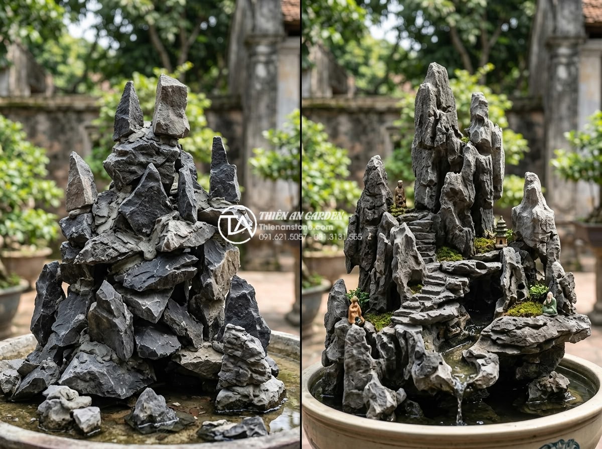 Kỹ thuật đắp núi đá tai mèo tiểu cảnh chuẩn chuyên gia - Hình 17 Kỹ thuật đắp núi đá tai mèo tiểu cảnh chuẩn chuyên gia - Before and after comparison showing common mistakes in cat ear stone mountain bu