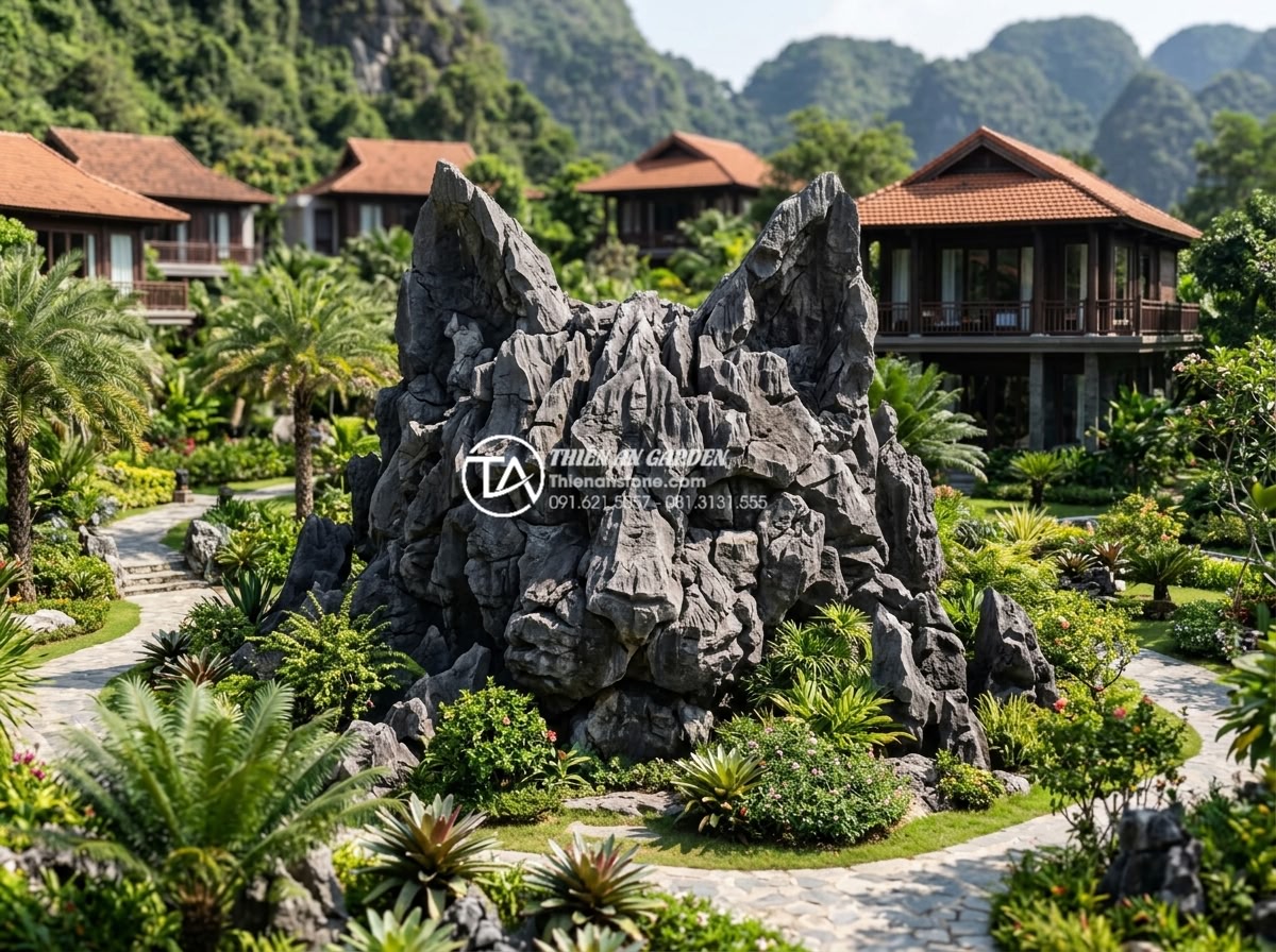Kỹ thuật đắp núi đá tai mèo tiểu cảnh chuẩn chuyên gia - Hình 19 Kỹ thuật đắp núi đá tai mèo tiểu cảnh chuẩn chuyên gia - Real-world application of large cat ear stone mountain in a luxury resort garden